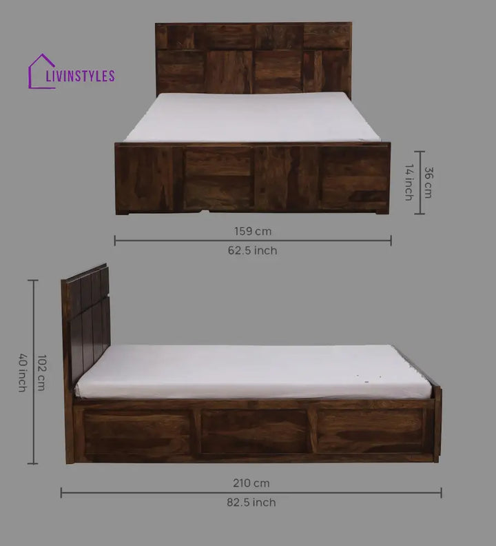 Sophie Sheesham Wood Queen Size Bed In Provincial Teak Finish With Box Storage