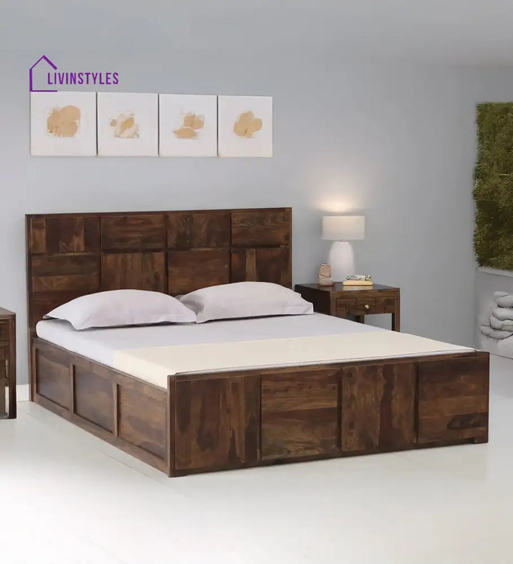 Sophie Sheesham Wood Queen Size Bed In Provincial Teak Finish With Box Storage