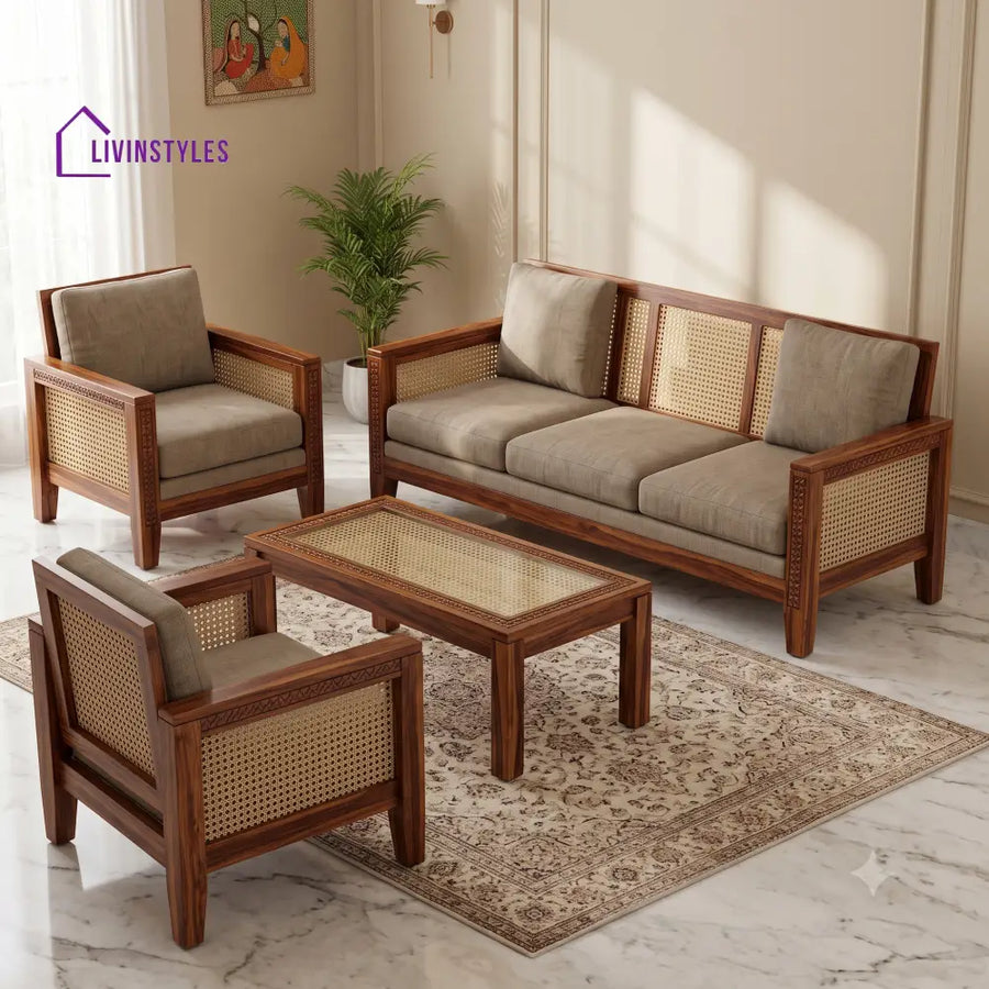 Soundarya Wooden Sofa Set | 3 + 1 + 1 Sheesham Wood Sofa Set for Living Room