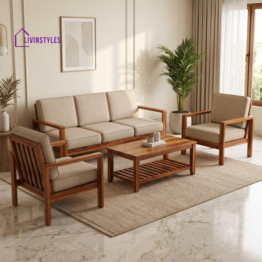 Sowmya Wooden Sofa Set | 3 + 1 + 1 Sheesham Wood Sofa Set for Living Room
