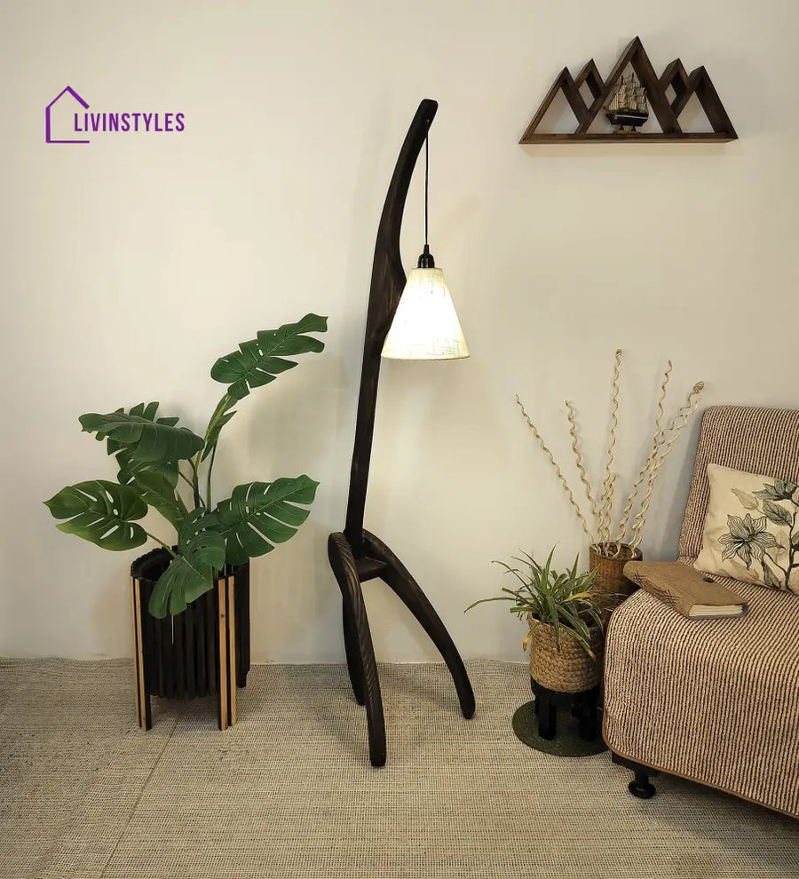 Species Wooden Floor Lamp With Brown Base And Jute Fabric Lampshade Lamps