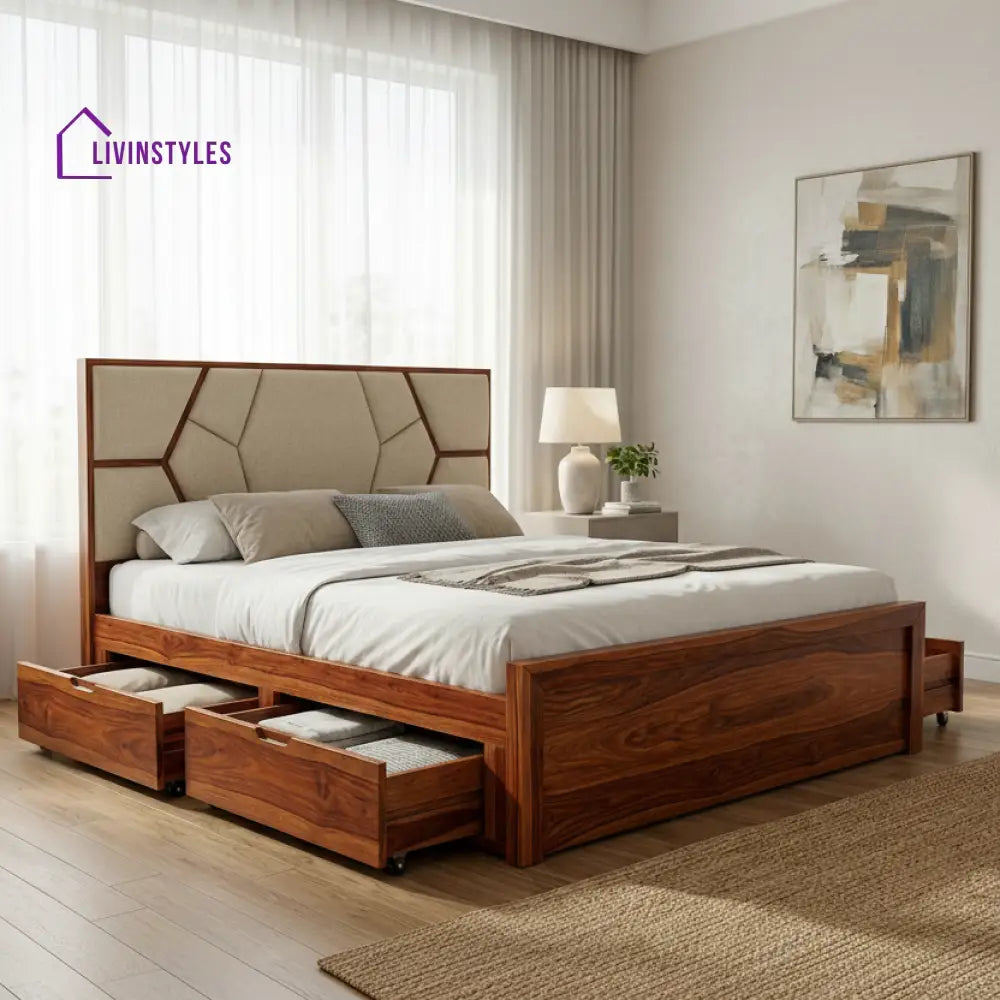 Spencer Premium Sheesham Wood Bed with Fabric Headboard
