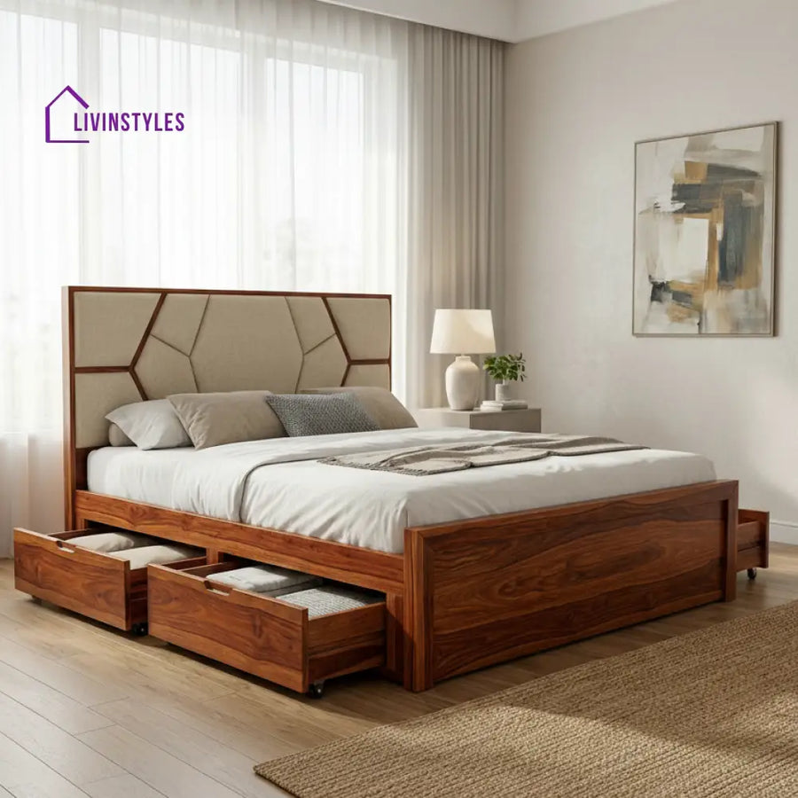 Spencer Premium Sheesham Wood Bed with Fabric Headboard