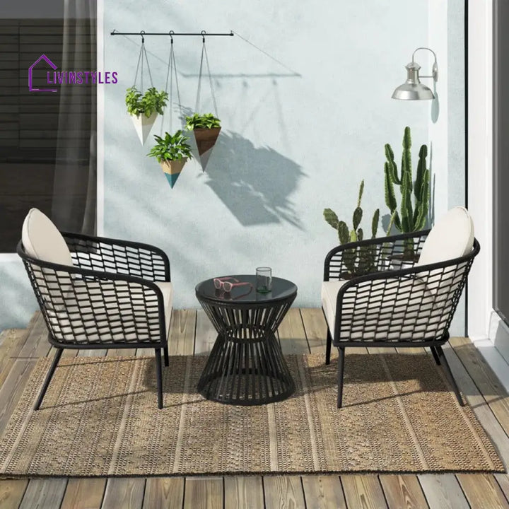 Spiff Outdoor Patio Seating Set 2 Chairs and 1 Table Set (Black + White) Braided & Rope - Coffee Table Sets
