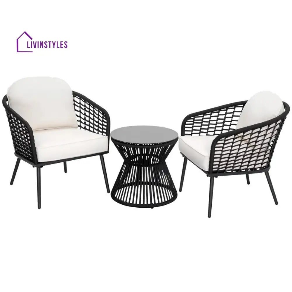 Spiff Outdoor Patio Seating Set 2 Chairs and 1 Table Set (Black + White) Braided & Rope - Coffee Table Sets