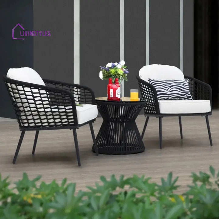 Spiff Outdoor Patio Seating Set 2 Chairs and 1 Table Set (Black + White) Braided & Rope - Coffee Table Sets