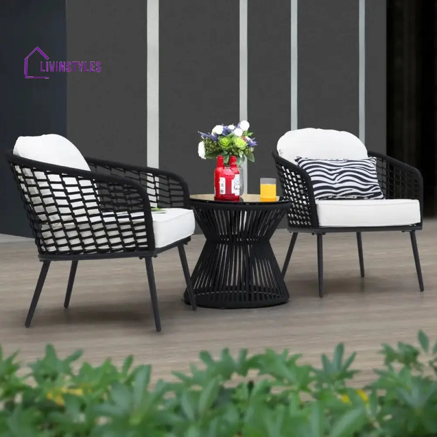 Spiff Outdoor Patio Seating Set 2 Chairs and 1 Table Set (Black + White) Braided & Rope - Coffee Table Sets