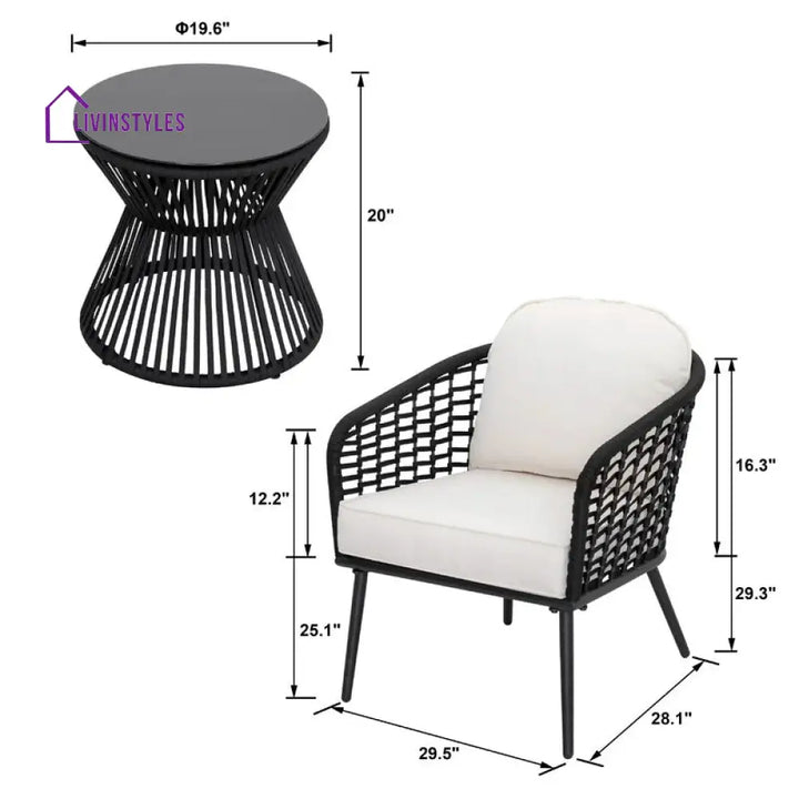 Spiff Outdoor Patio Seating Set 2 Chairs and 1 Table Set (Black + White) Braided & Rope - Coffee Table Sets