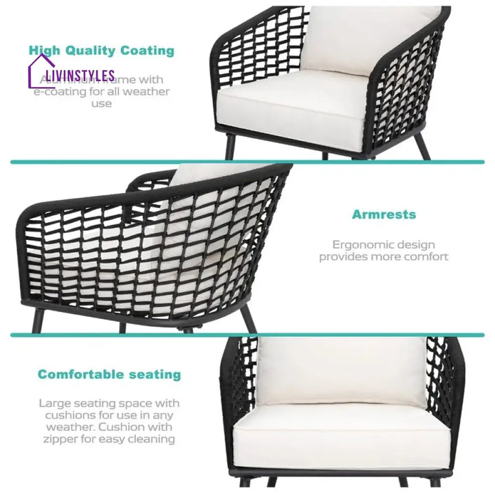 Spiff Outdoor Patio Seating Set 2 Chairs and 1 Table Set (Black + White) Braided & Rope - Coffee Table Sets