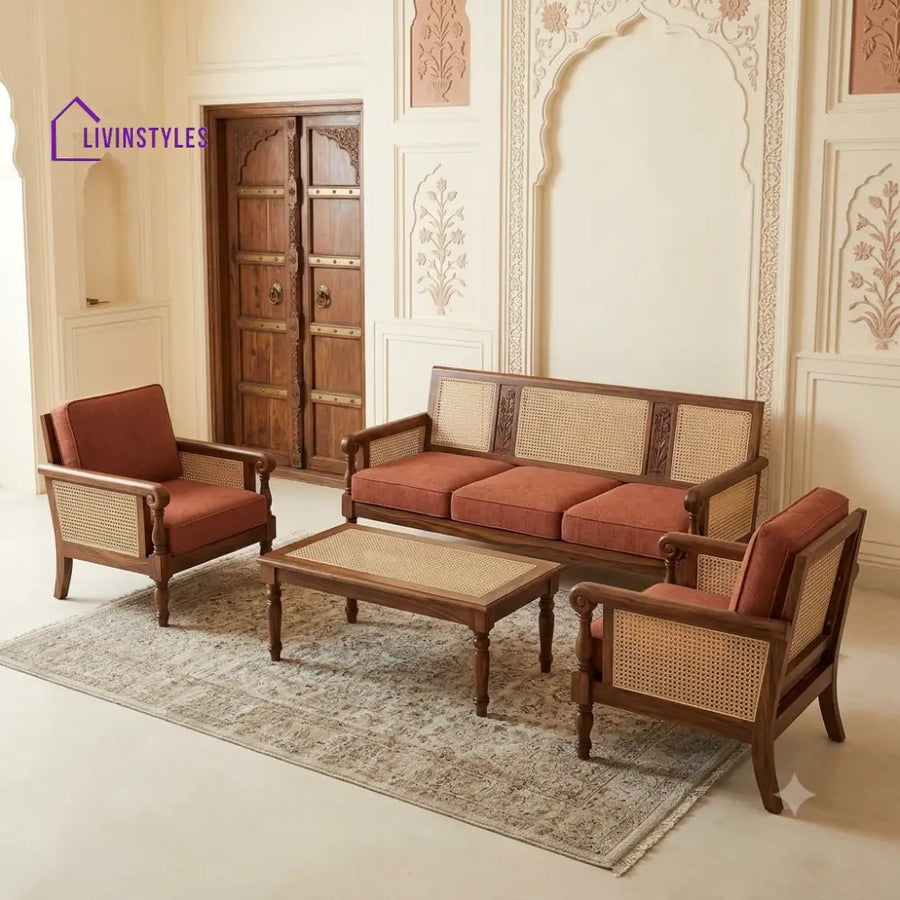 Sri Devi Wooden Sofa Set | 3 + 1 + 1 Sheesham Wood Sofa Set for Living Room
