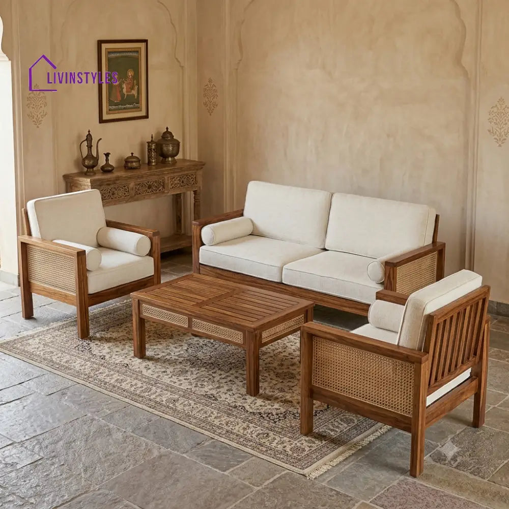 Srimathi Wooden Sofa Set | 3 + 1 + 1 Sheesham Wood Sofa Set for Living Room