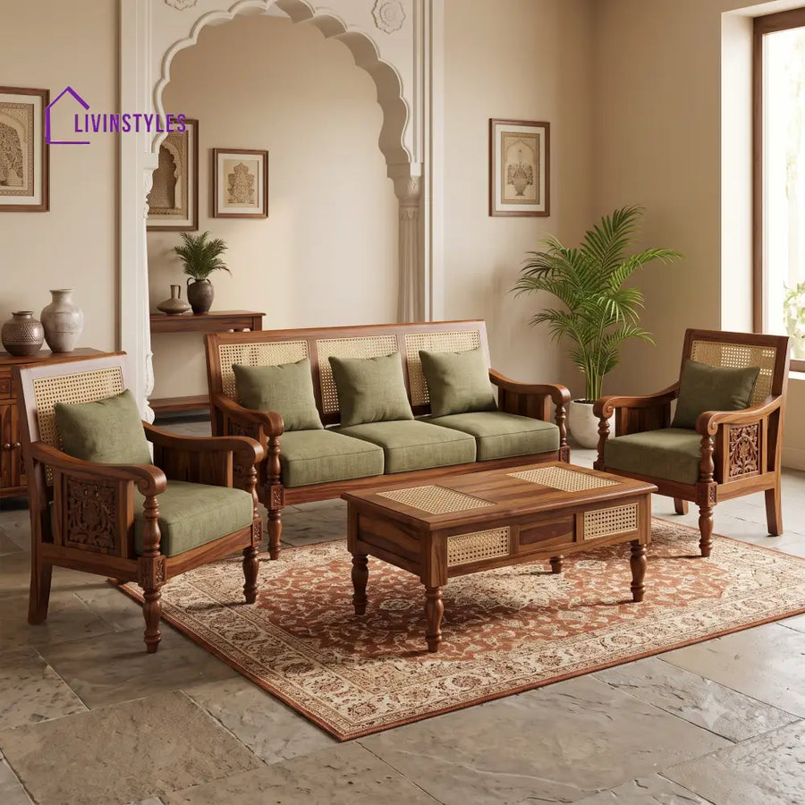 Srinidhi Wooden Sofa Set | 3 + 1 + 1 Sheesham Wood Sofa Set for Living Room