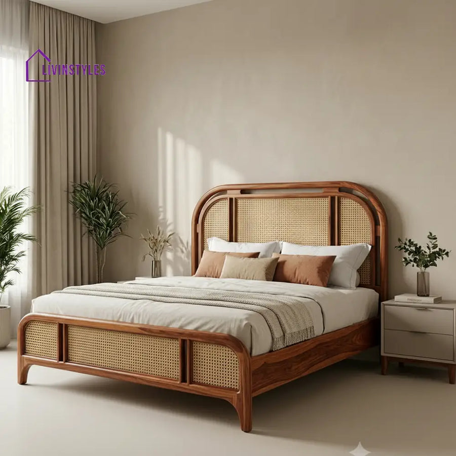 Srinivas Wooden Bed with Cane Weaving Headboard Design | Bed without Storage