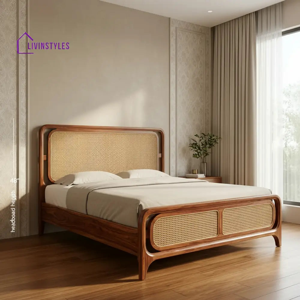 Sriram Wooden Bed with Cane Weaving Headboard Design | Bed without Storage