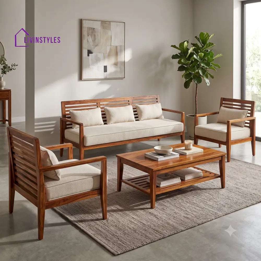 Srividhya Wooden Sofa Set | 3 + 1 + 1 Sheesham Wood Sofa Set for Living Room