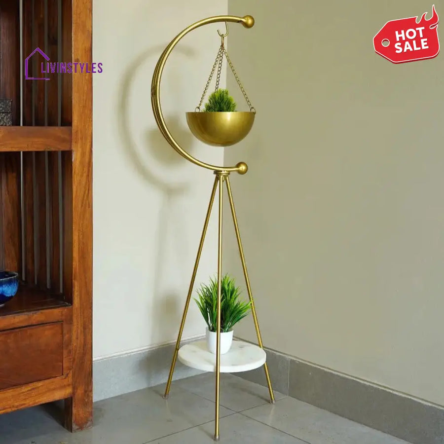 Standing Tripod Planter - Gold & White Marble Plant Stands