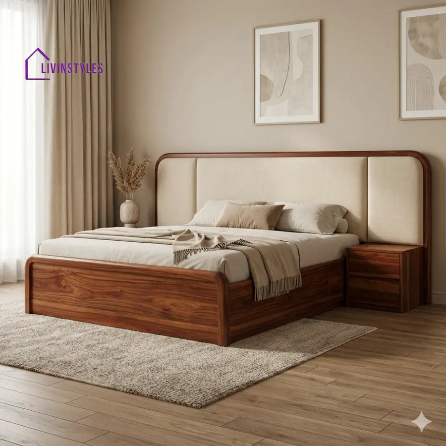 Stanislav Premium Sheesham Wood Bed with Velvet Headboard