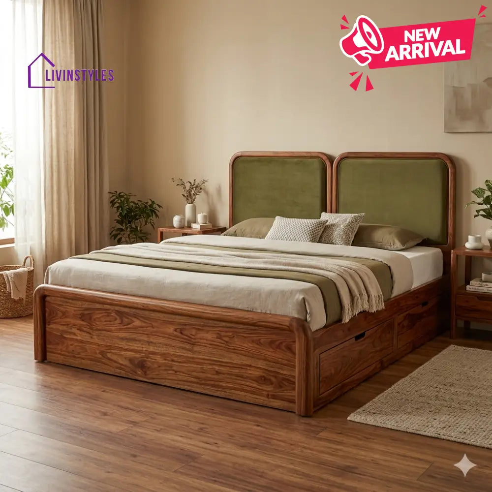 Stanislav Premium Sheesham Wood Bed with Velvet Headboard