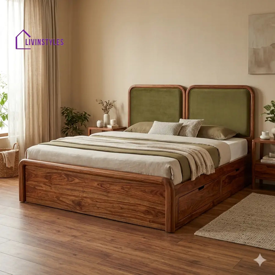 Stanislav Premium Sheesham Wood Bed with Velvet Headboard