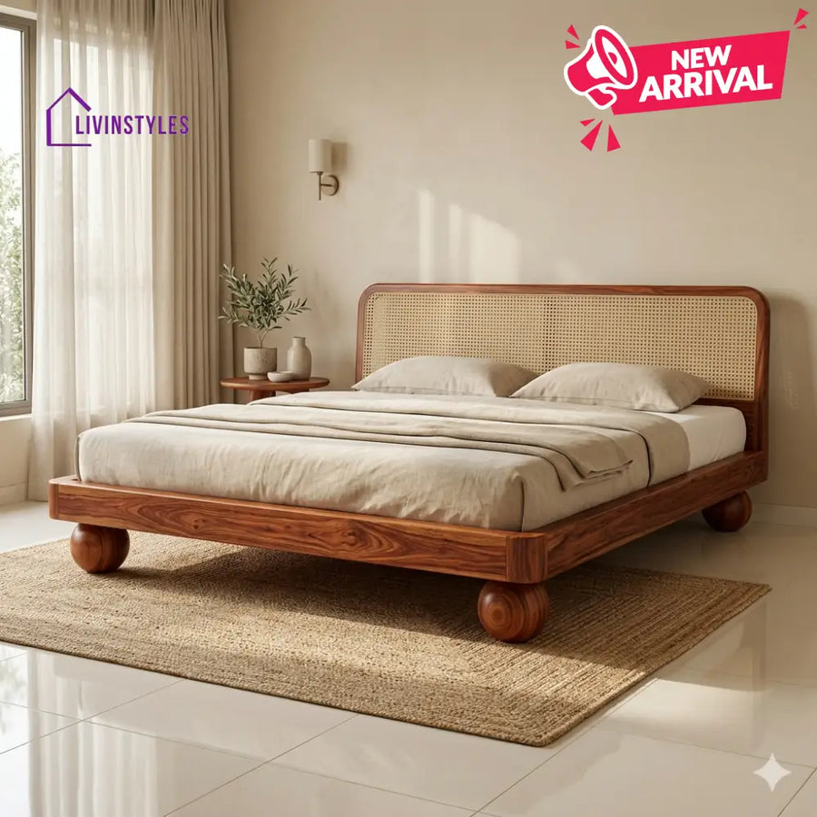 Stanislav Sheesham Wood Bed with Ball Shaped Legs and Cane Weaving Headboard