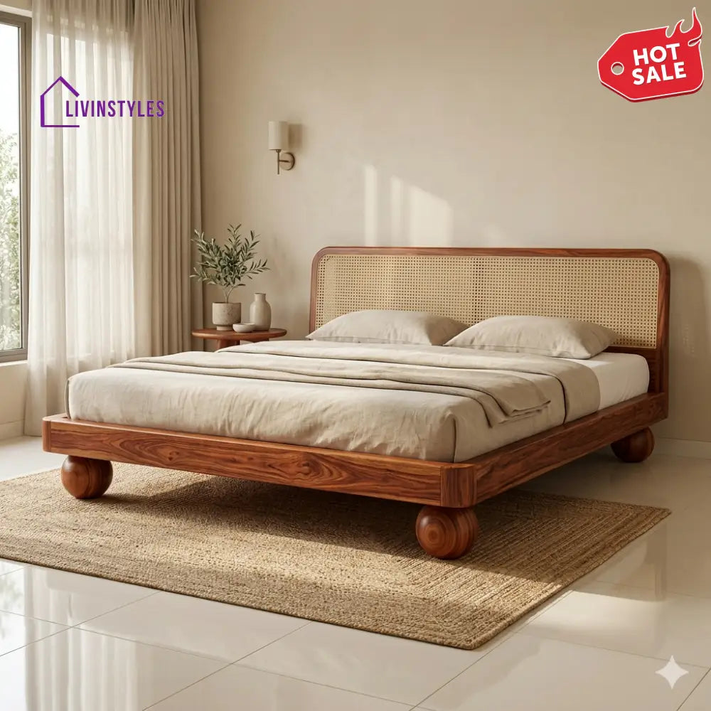 Stanislav Sheesham Wood Bed with Ball Shaped Legs and Cane Weaving Headboard