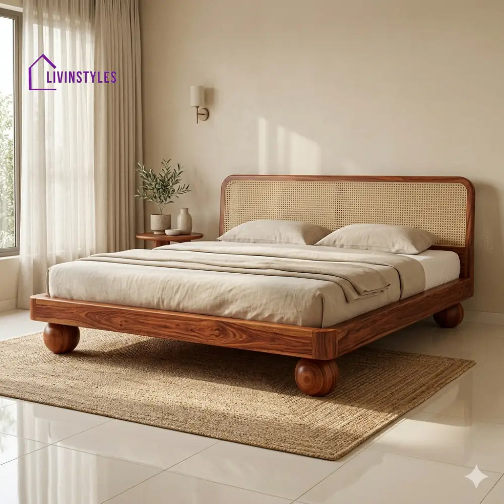 Stanislav Sheesham Wood Bed with Ball Shaped Legs and Cane Weaving Headboard