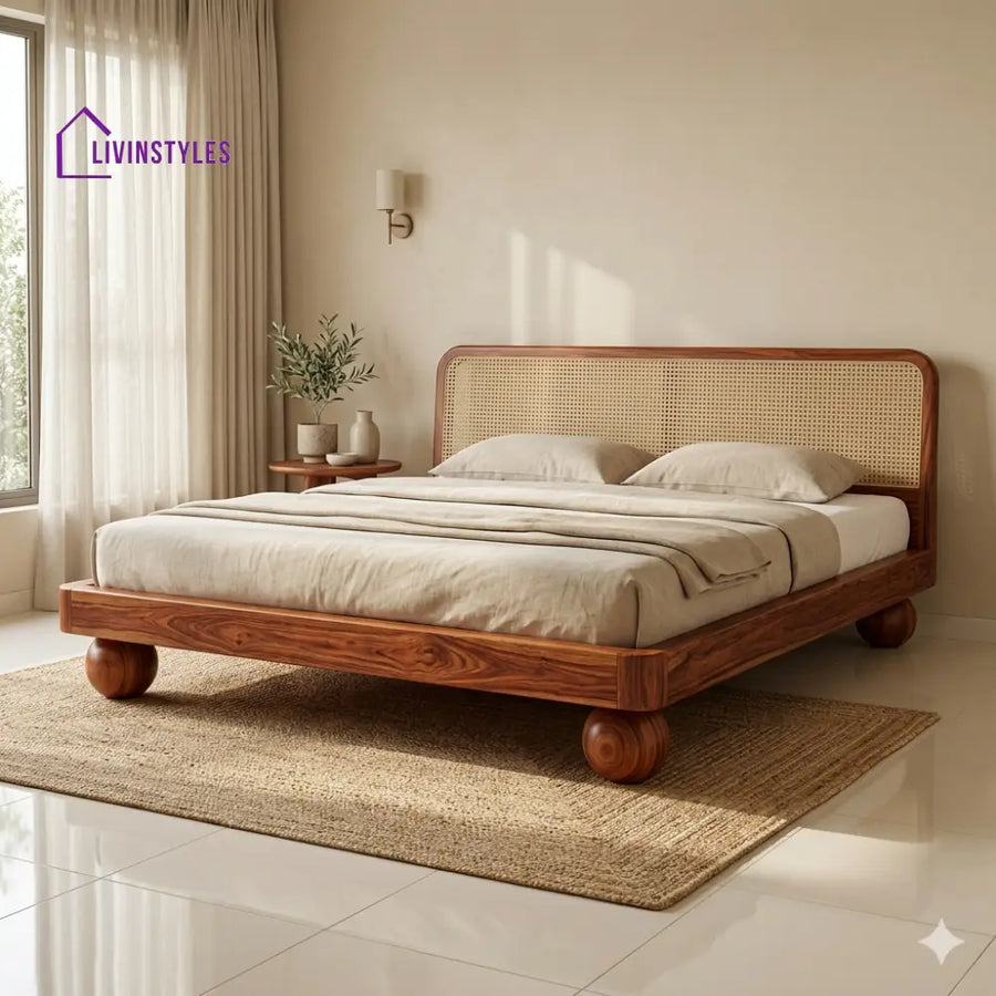 Stanislav Sheesham Wood Bed with Ball Shaped Legs and Cane Weaving Headboard