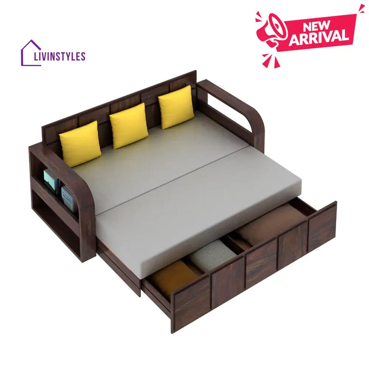 Scott Solid Sheesham Wood 3 Seater Sofa Cum Bed With Headboard Design - 1 Year Warranty