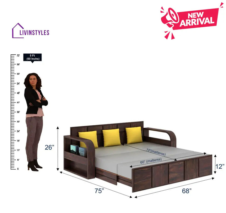 Scott Solid Sheesham Wood 3 Seater Sofa Cum Bed With Headboard Design - 1 Year Warranty