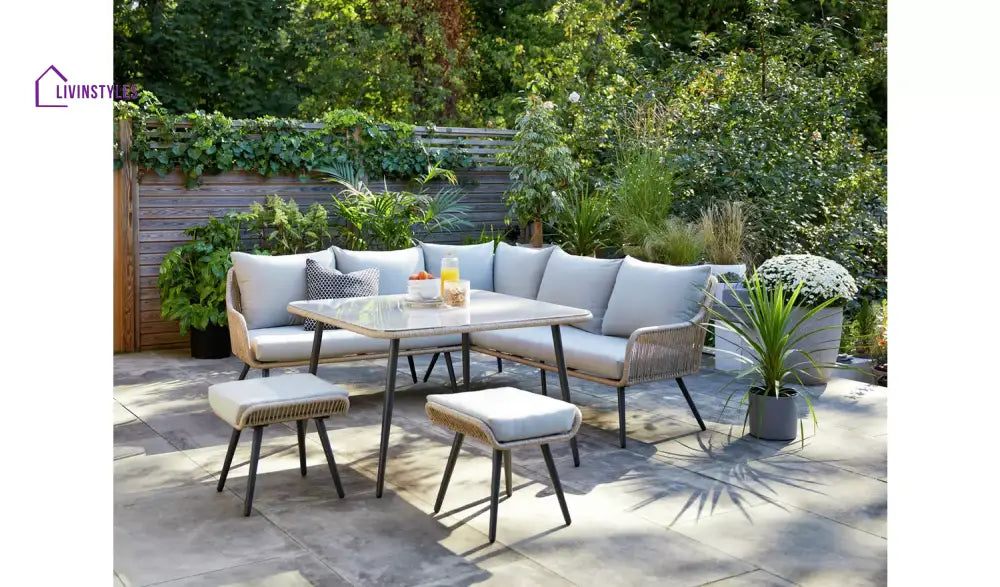 Stash Outdoor Garden Balcony Sofa Set 5 Seater and 1 Center Table With 2 Ottoman Set (Tan) - Sofa Sets