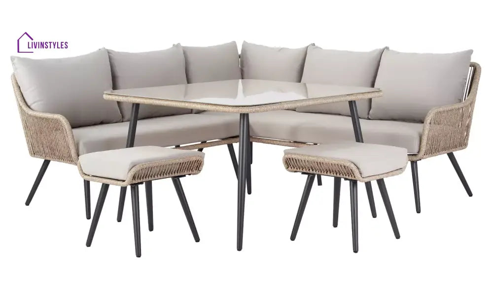 Stash Outdoor Garden Balcony Sofa Set 5 Seater and 1 Center Table With 2 Ottoman Set (Tan) - Sofa Sets