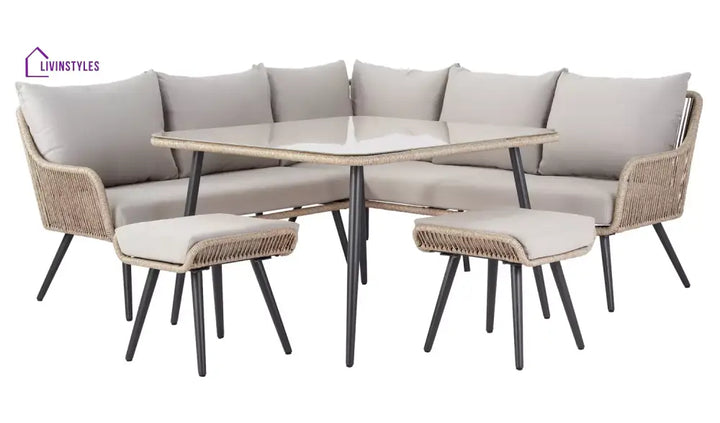 Stash Outdoor Garden Balcony Sofa Set 5 Seater and 1 Center Table With 2 Ottoman Set (Tan) - Sofa Sets