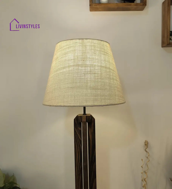 Stella Wooden Floor Lamp With Brown Base And Beige Fabric Lampshade Lamps