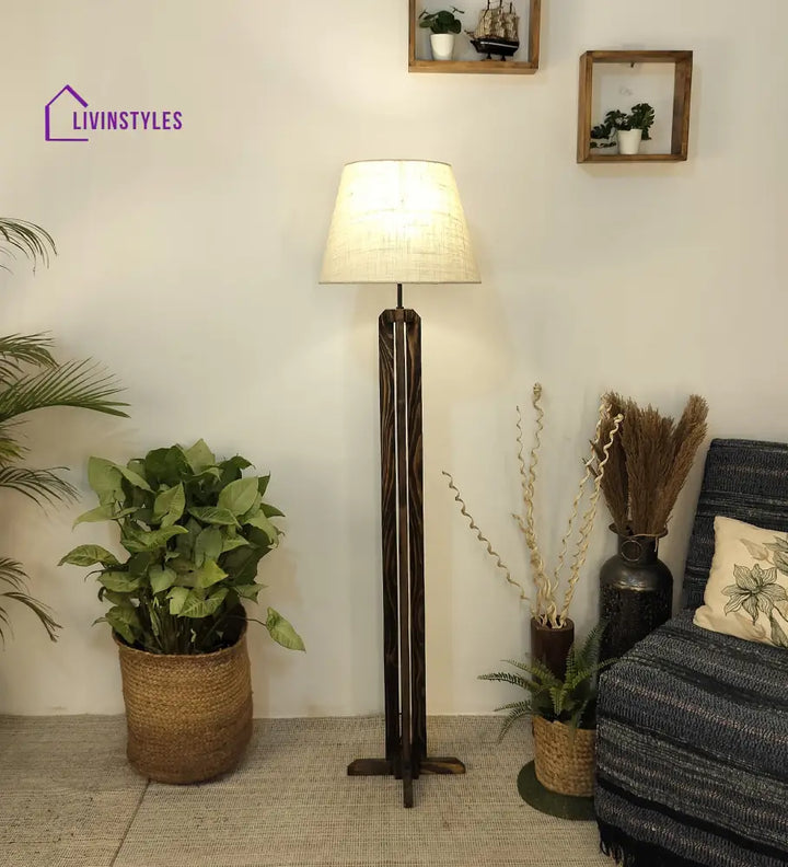 Stella Wooden Floor Lamp With Brown Base And Beige Fabric Lampshade Lamps