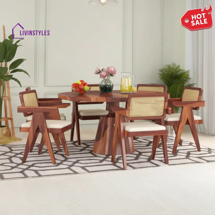 Stepan Solid Wood Sheesham 6 Seater Round Dining Table set (Honey Finish)