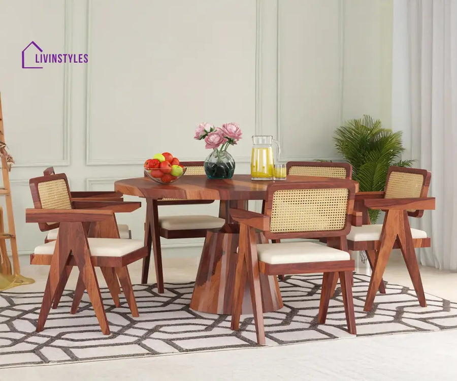 Stepan Solid Wood Sheesham 6 Seater Round Dining Table set (Honey Finish)