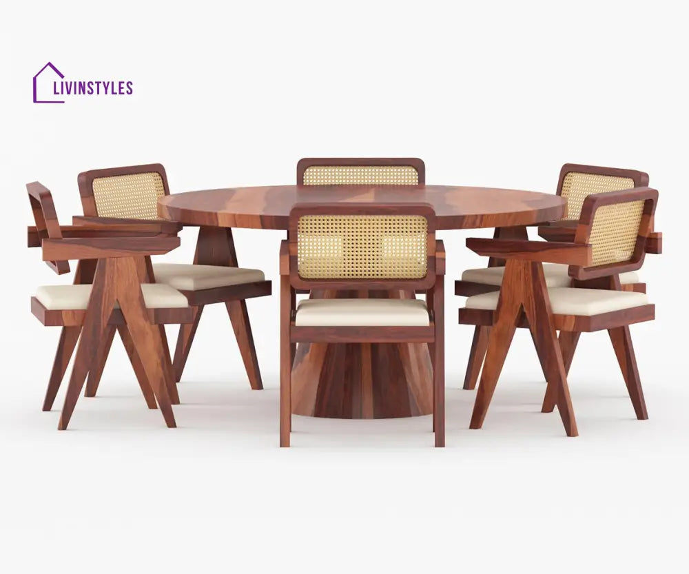 Stepan Solid Wood Sheesham 6 Seater Round Dining Table set (Honey Finish)