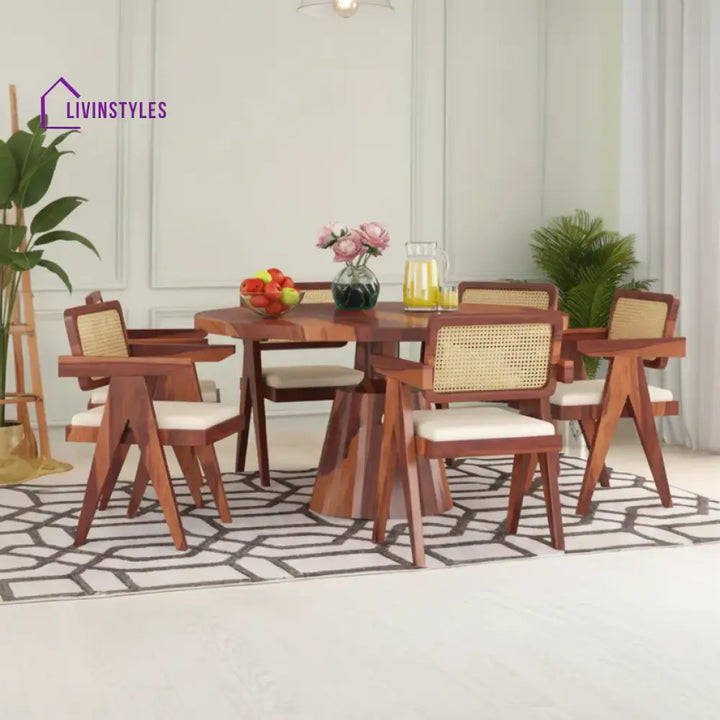Stepan Solid Wood Sheesham 6 Seater Round Dining Table set (Honey Finish)