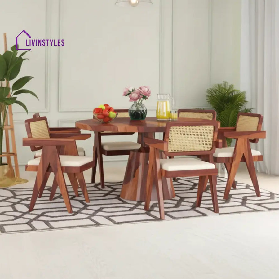 Stepan Solid Wood Sheesham 6 Seater Round Dining Table set (Honey Finish)