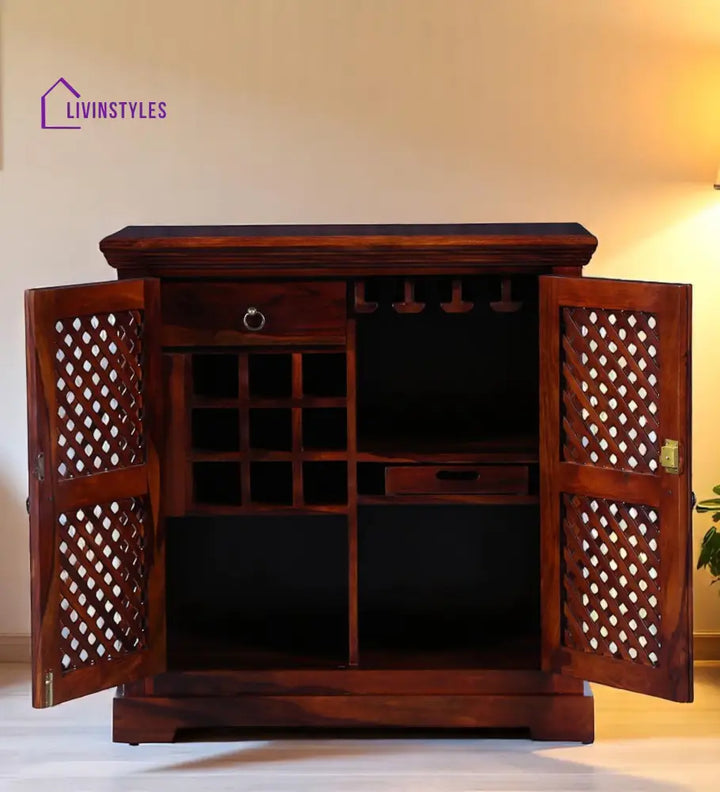 Stepan Traditional Sheesham Wood Bar Cabinet In Honey Finish