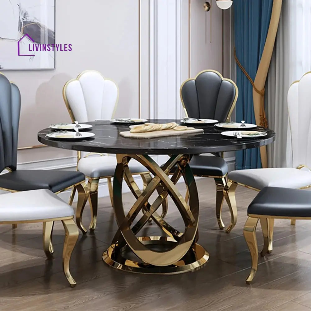 Stesha Stainless Steel Frame and Marble Top Round Dining Table