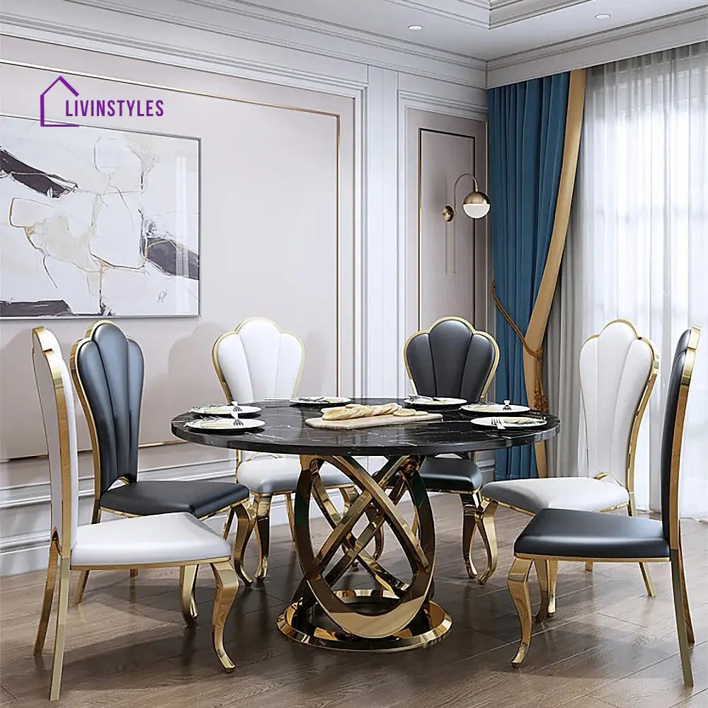 Stesha Stainless Steel Frame and Marble Top Round Dining Table