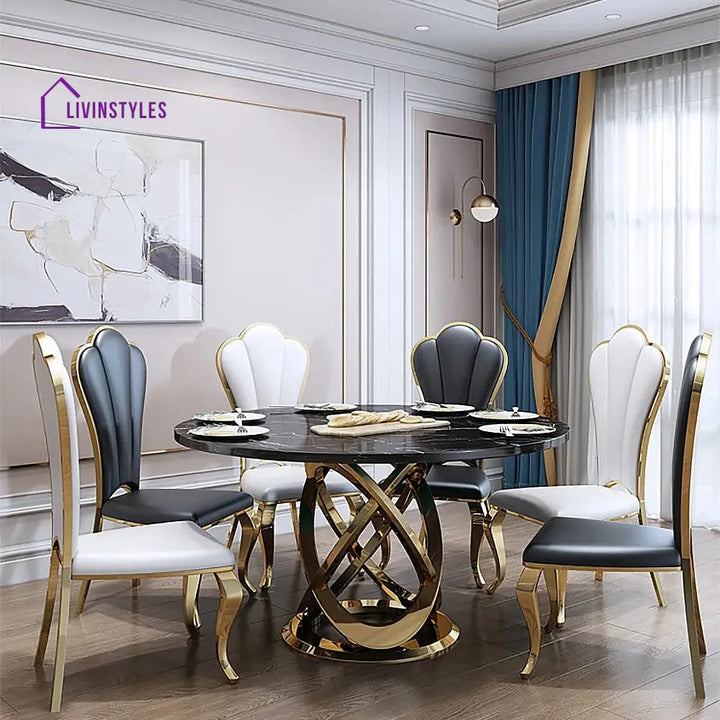 Stesha Stainless Steel Frame and Marble Top Round Dining Table
