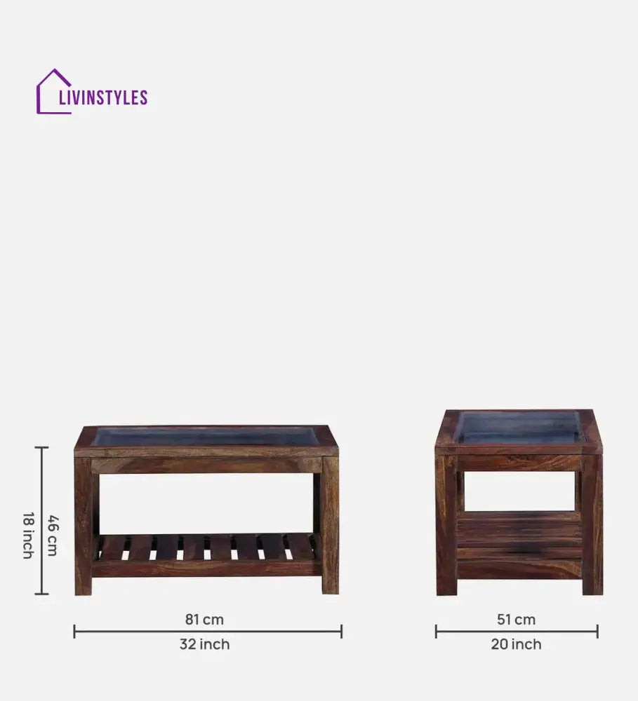 Stigen Sheesham Wood Coffee Table In Provincial Teak Finish With Glass Top
