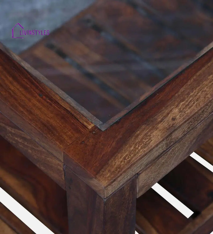 Stigen Sheesham Wood Coffee Table In Provincial Teak Finish With Glass Top