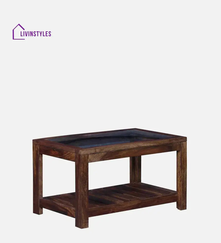 Stigen Sheesham Wood Coffee Table In Provincial Teak Finish With Glass Top