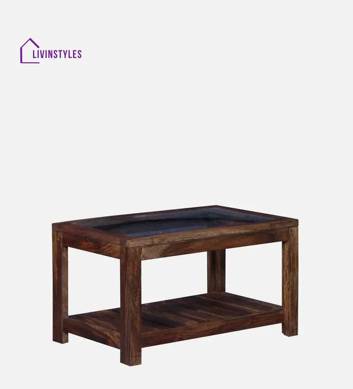 Stigen Sheesham Wood Coffee Table In Provincial Teak Finish With Glass Top