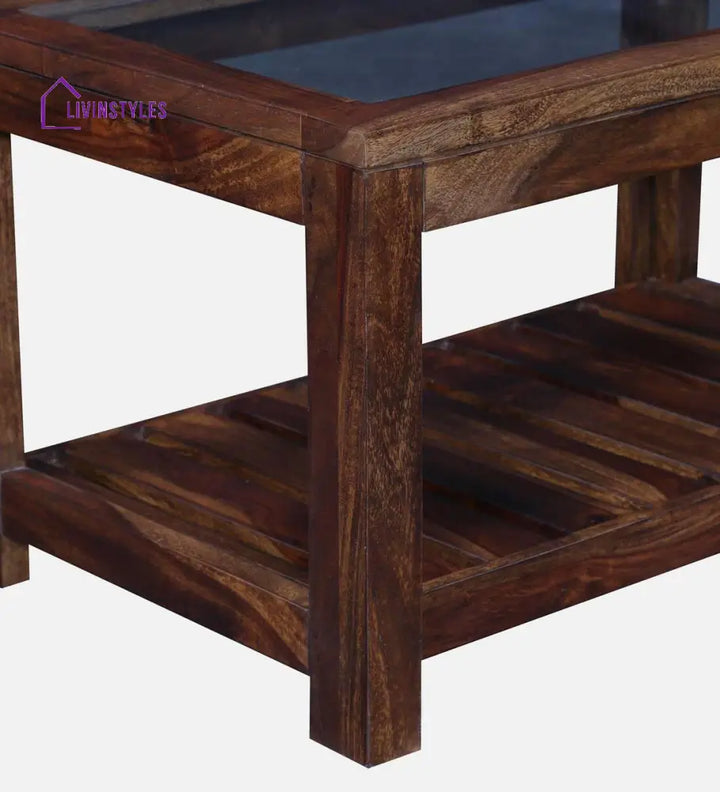 Stigen Sheesham Wood Coffee Table In Provincial Teak Finish With Glass Top