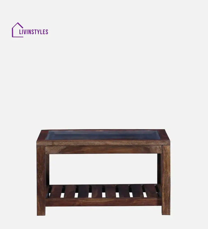 Stigen Sheesham Wood Coffee Table In Provincial Teak Finish With Glass Top