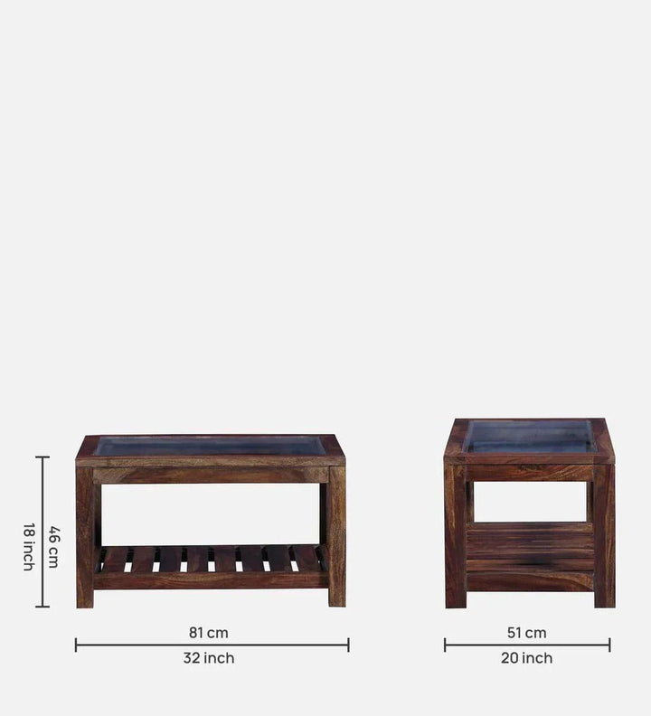Stigen Sheesham Wood Coffee Table In Provincial Teak Finish With Glass Top